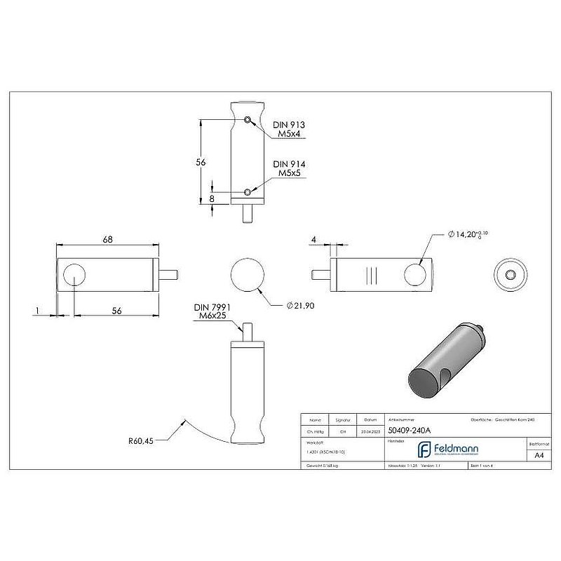 Cross bar holder extended, with through-hole for straight connection, 14.2 mm hole, AISI304