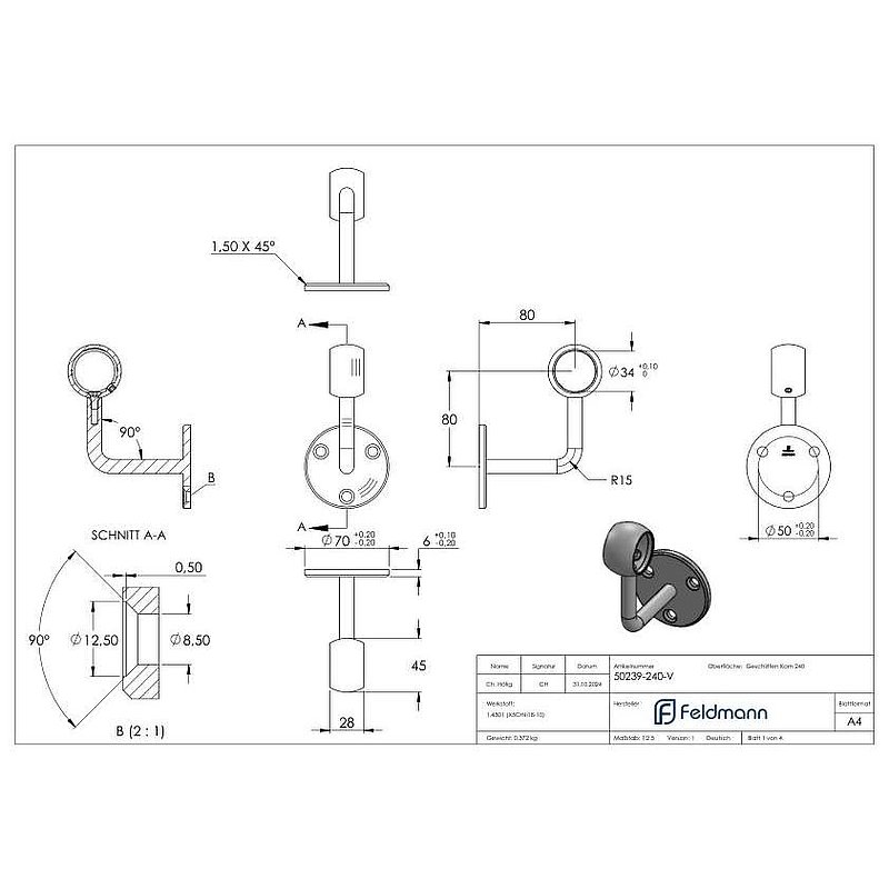 Handrail bracket with ball ring for 33.7 mm tube (round plate and bracket welded), AISI304