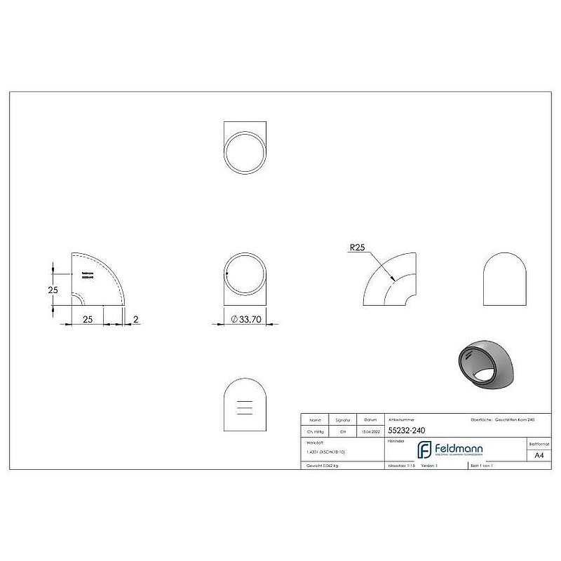 Schweißbogen 90°, 33,7x2,0mm, V2A