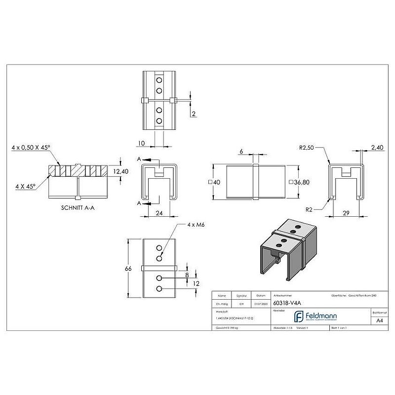 Rohrverbinder für Quadratnutrohr 40x40mm, V4A
