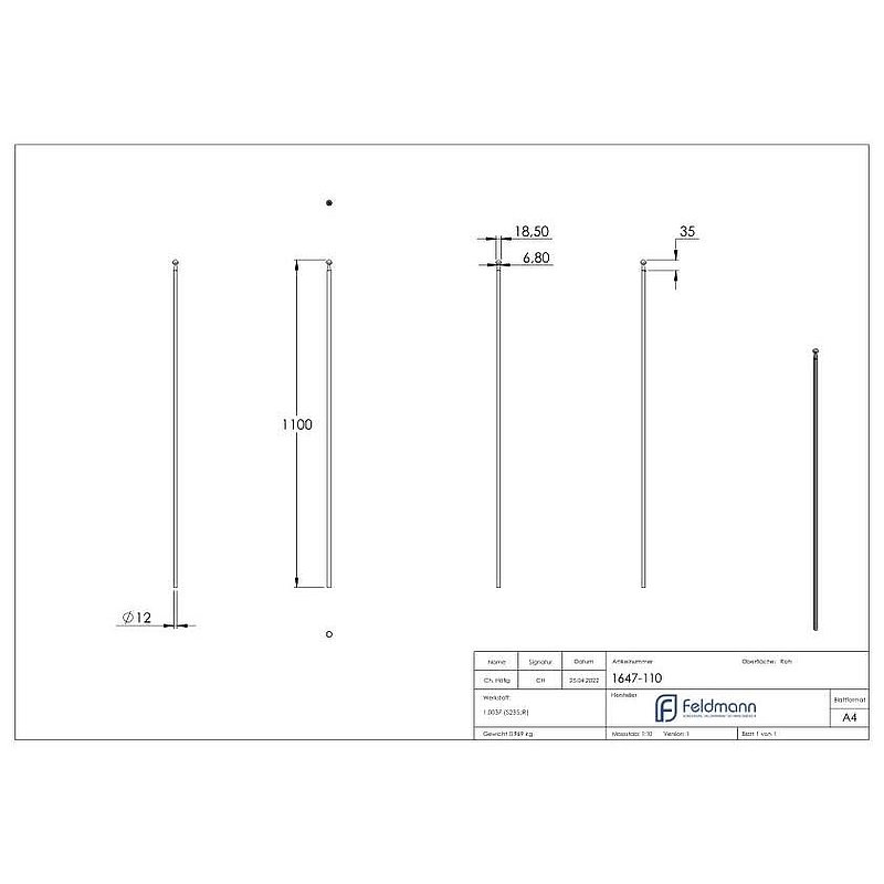 Zaunstab Ø 12mm, H: 1100mm, konisch mit Knopf halbrund