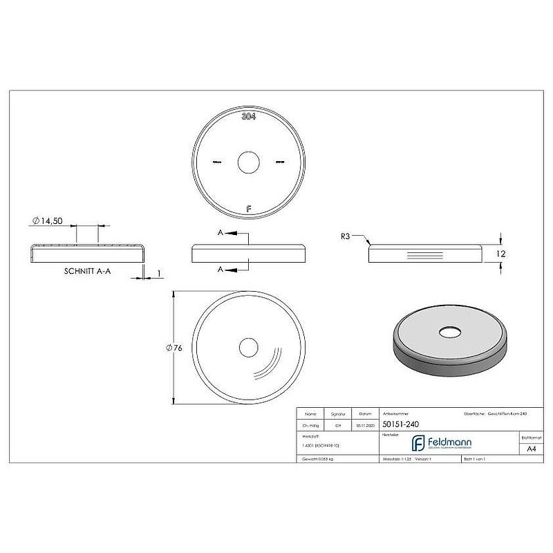 Rosace de recouvrement, 76x12mm, perçage Ø 14.5mm, V2A