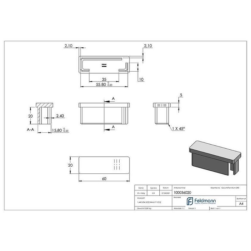 Push-in cap, for tube 60x20x2.0mm, AISI316