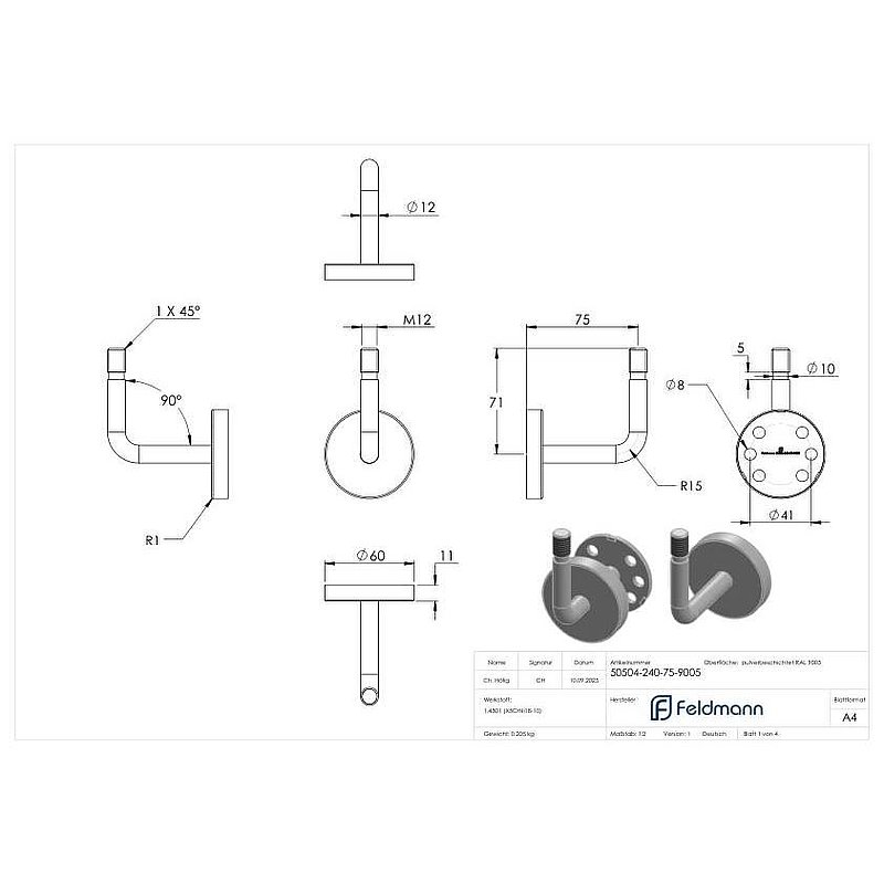 Handrail bracket external thread incl. cover rosette, AISI304, RAL 9005 matt