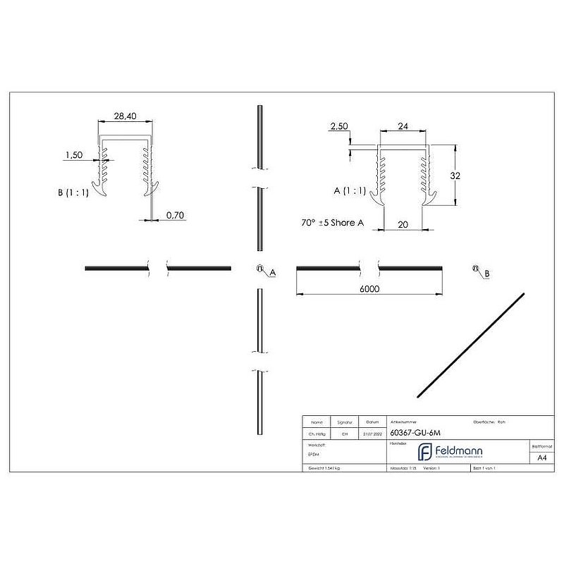 Cale caoutchouc pour verre 20,76 – 21,52mm, pour rainure 27x30mm, 6000mm