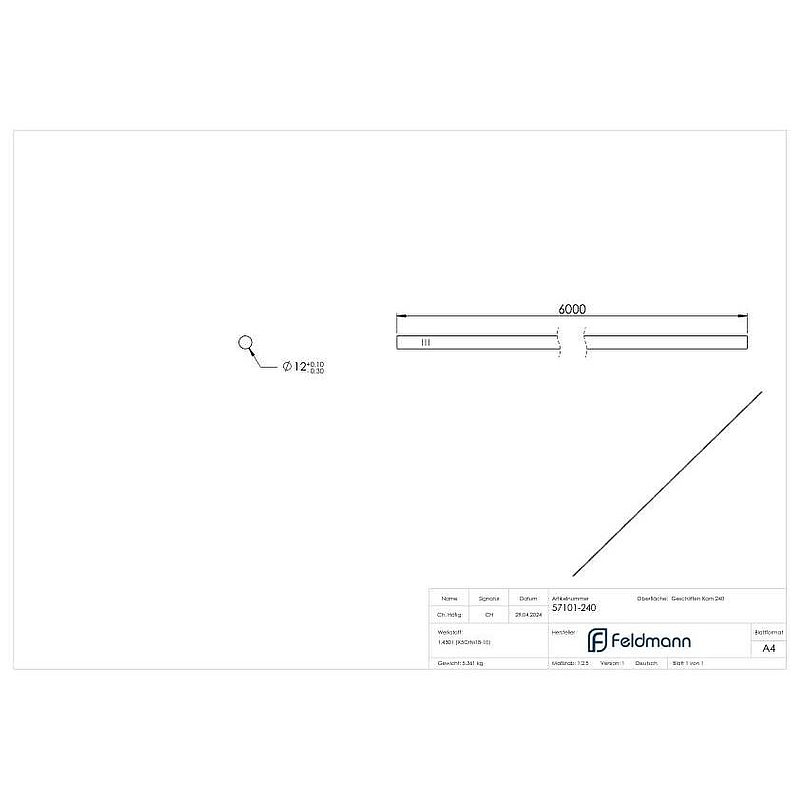 Rundmaterial, 12mm, L: 6000mm, V2A