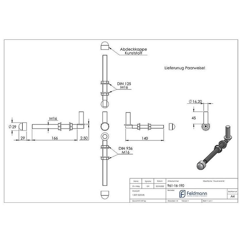 Kloben zum Durchschrauben für Ø 16mm, L: 190mm