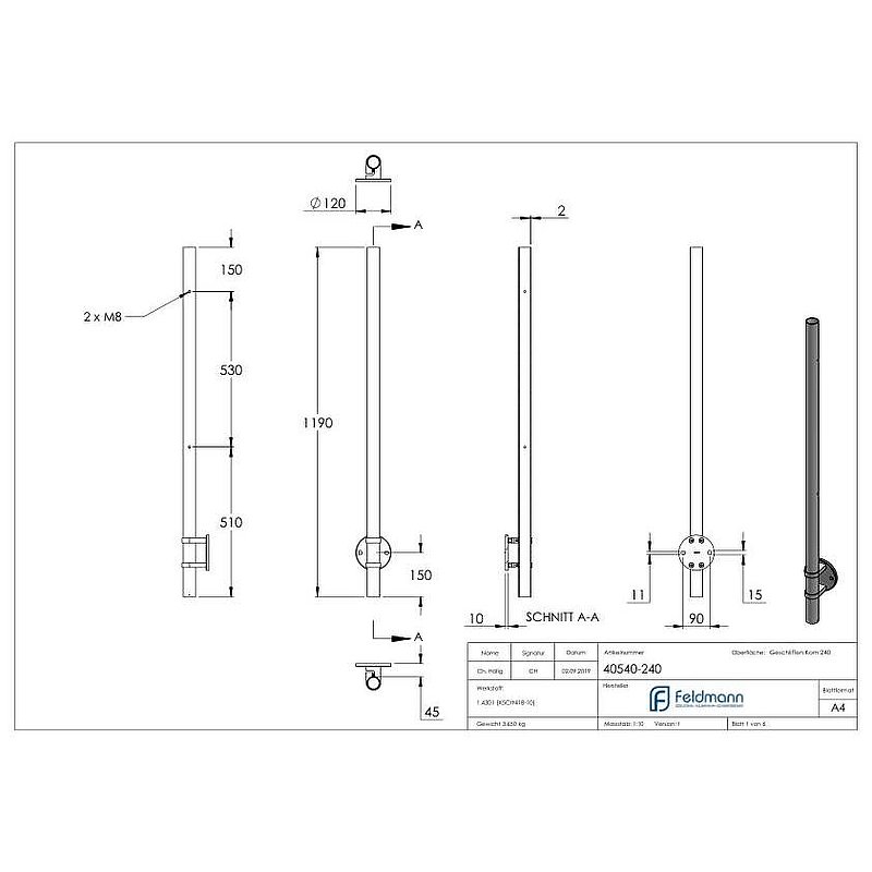 Edelstahlpfosten V2A zur Wandmontage, H: 1190mm