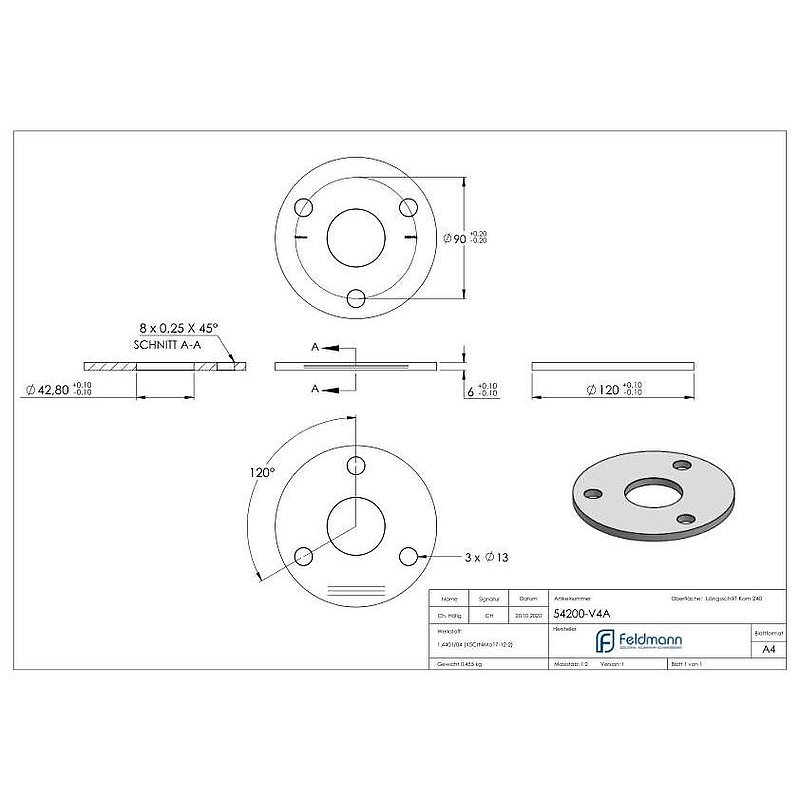 Plaque d'ancrage Ø 120x6mm, avec ponçage longitudinal, V4A