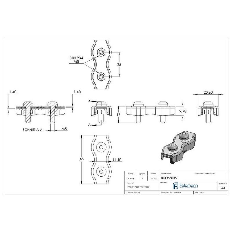 Serre-câble plat double pour câble 5mm, V4A