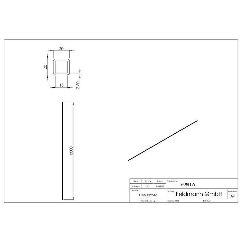 Quadratrohr 20x20x2,0mm, L: 6000mm, gehämmert