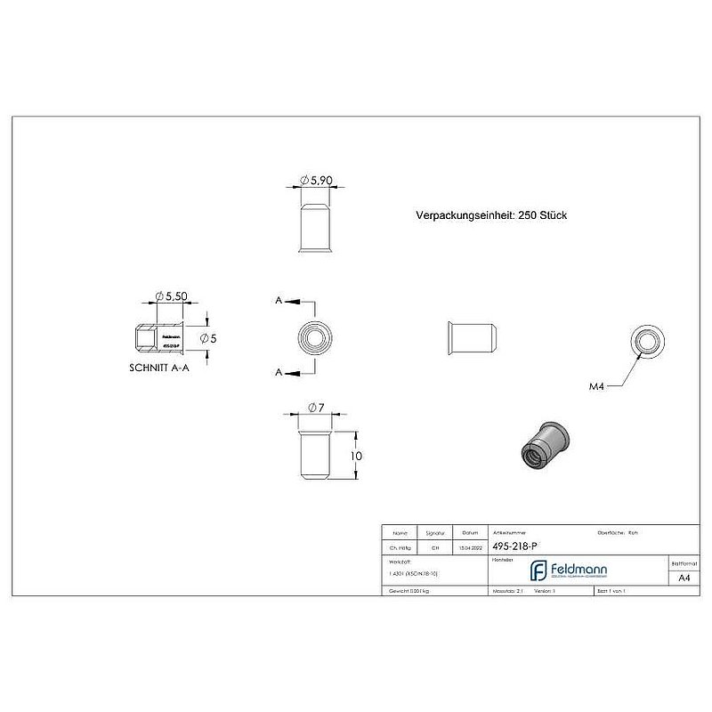 Blind-Einnietmutter, V2A, M4/Loch 6mm, VPE mit 250 Stück, V2A