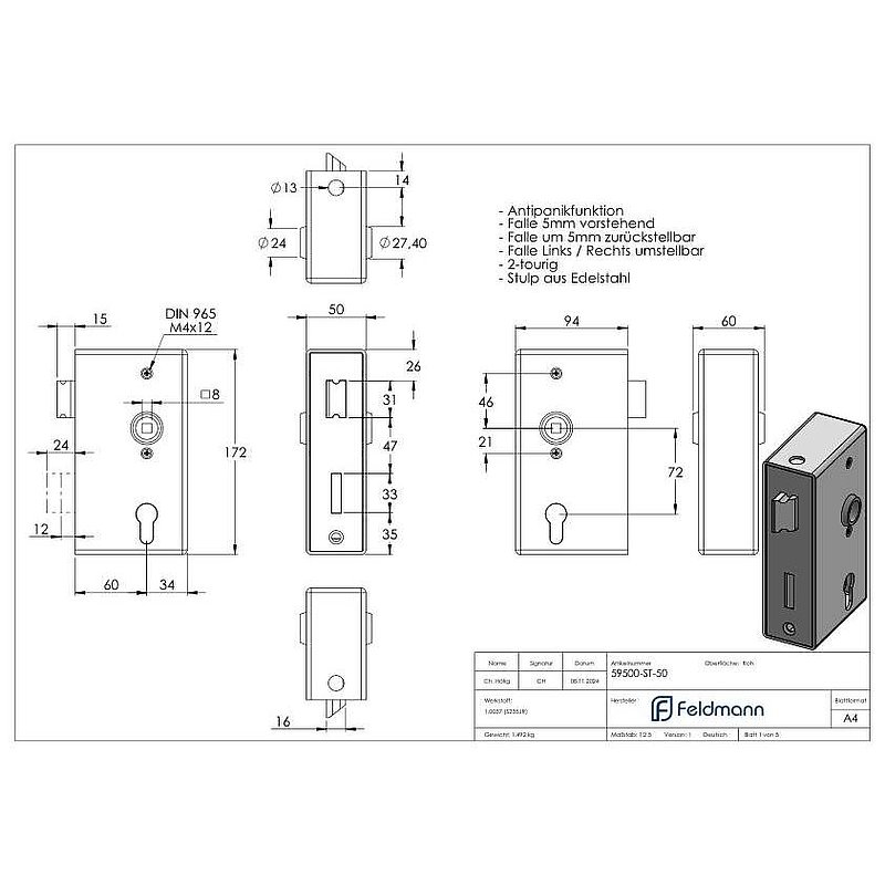 Serrure anti-panique avec boîtier de serrure 50 x 94 x 172mm, avec fonction de changement E, DIN R &