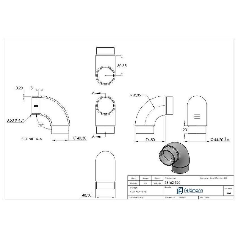 Tube coudé à 90°, pour tube Ø 48,3x2,0mm, V2A