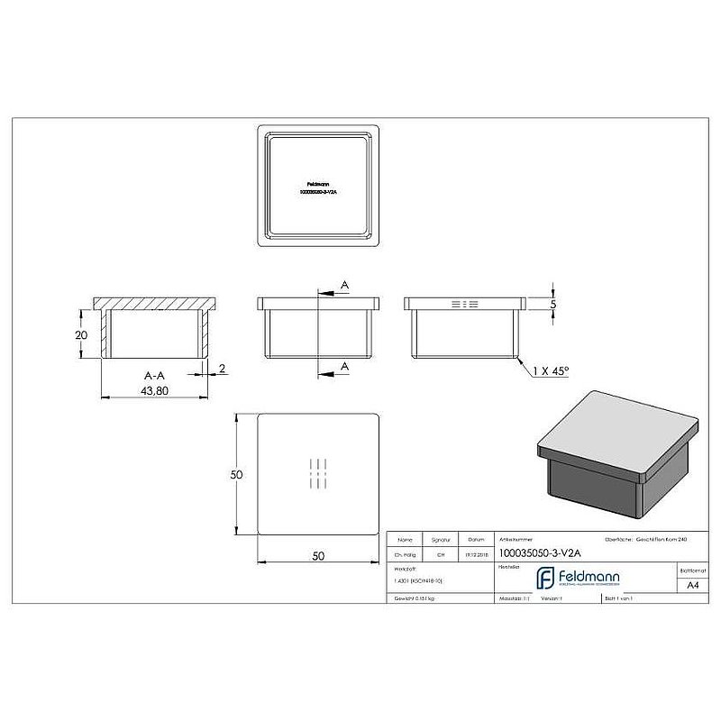 Einsteckkappe für Quadratrohr 50x50x3,0mm, V2A