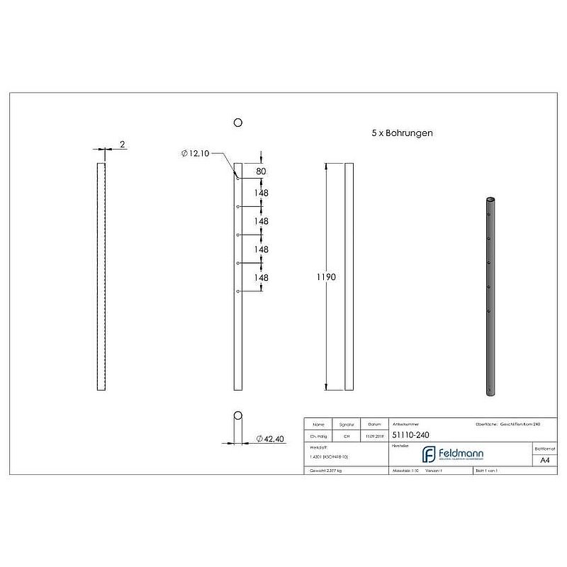 Edelstahlpfosten aus Rohr 42,4mmx2,0mm, V2A