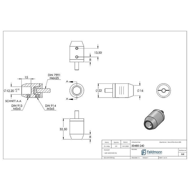 Support de lisse transversale (à insérer en extrémité de fer), racc. droit, trou borgne 12,2mm, V2A
