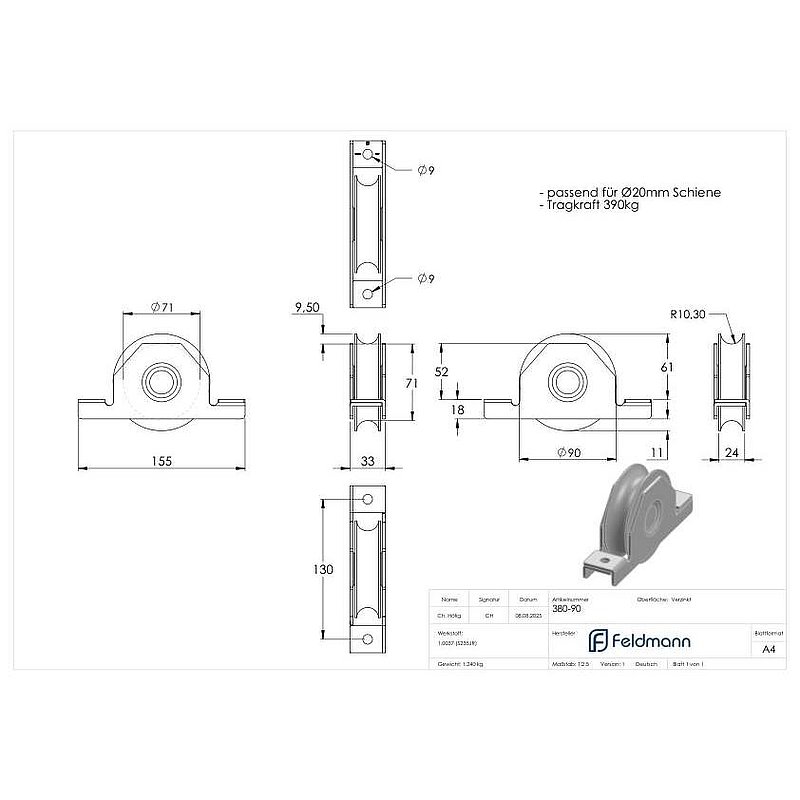 Sliding gate roller with round groove, Ø 90mm, for rail Ø 20mm, 2 ball bearings, galvanised