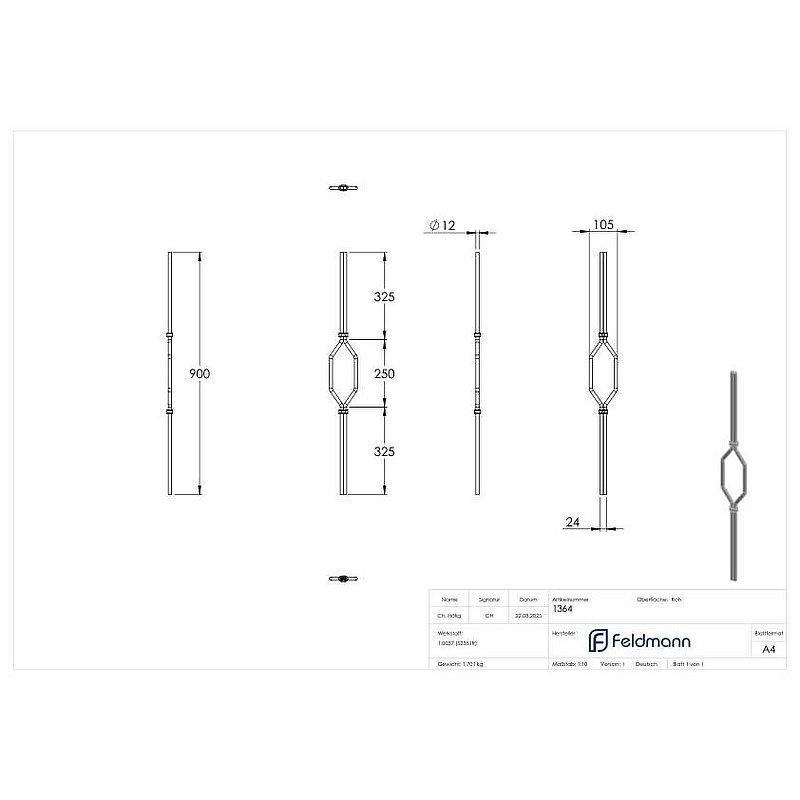 Barre design Ø12mm, lisse, H : 900mm