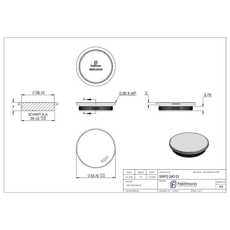 Rohrabschlussstopfen, für Rohr 33,7x2,5mm, V2A