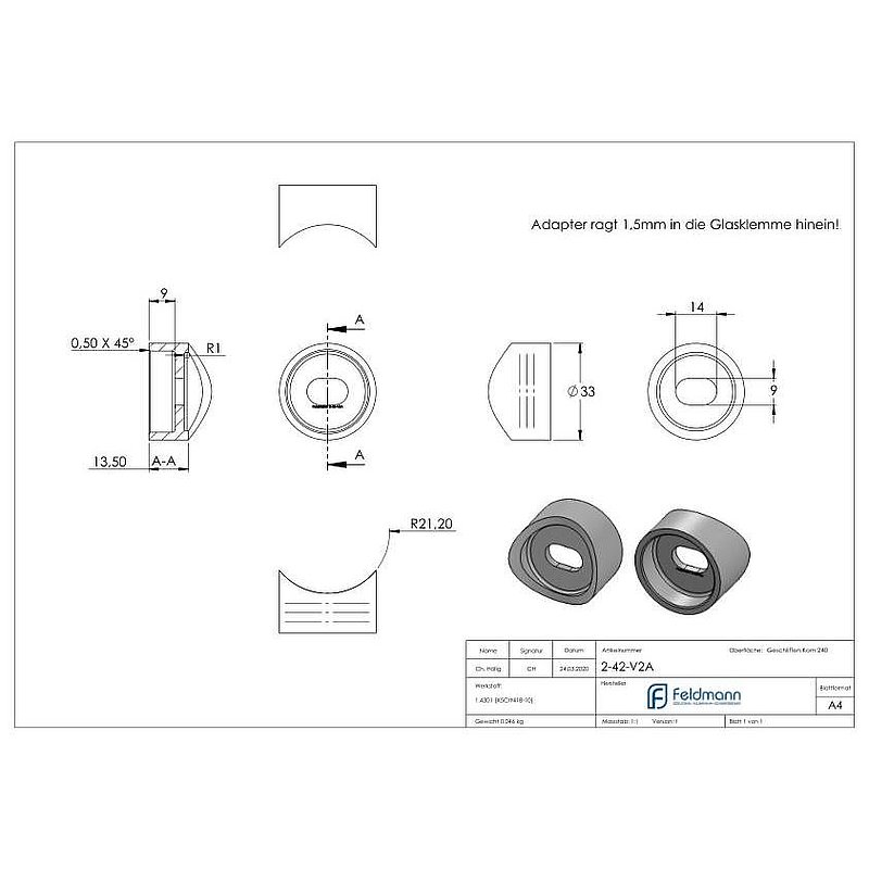 Adapterstück, Anschluss 42,4mm, V2A