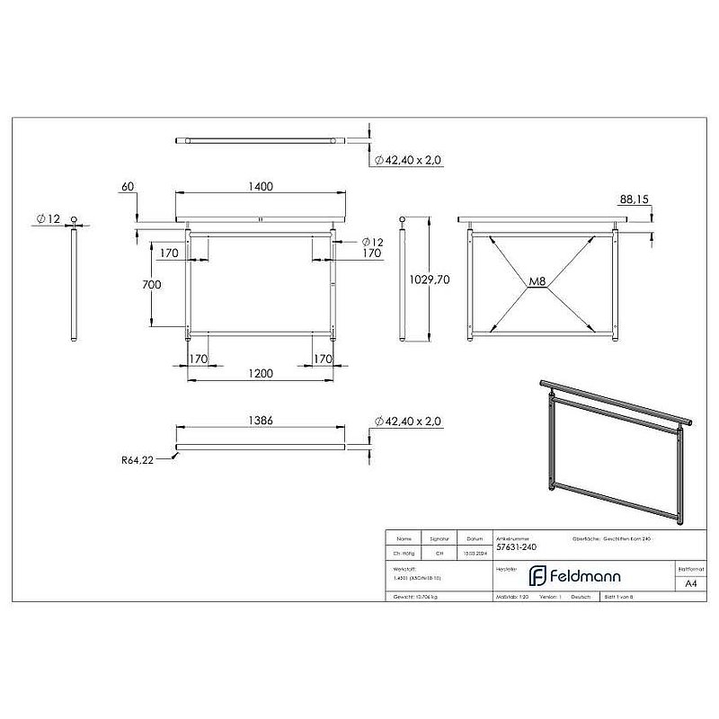 Französisches Balkongitter, gerade, Breite 1,2m, V2A