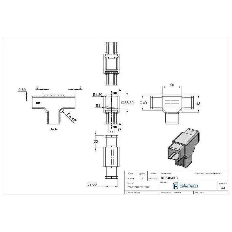 T-connector for tube 40x40x3.00mm, AISI316