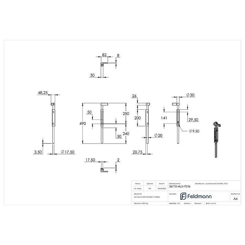 floor transom with length 490mm, for screwing on, RAL 7016