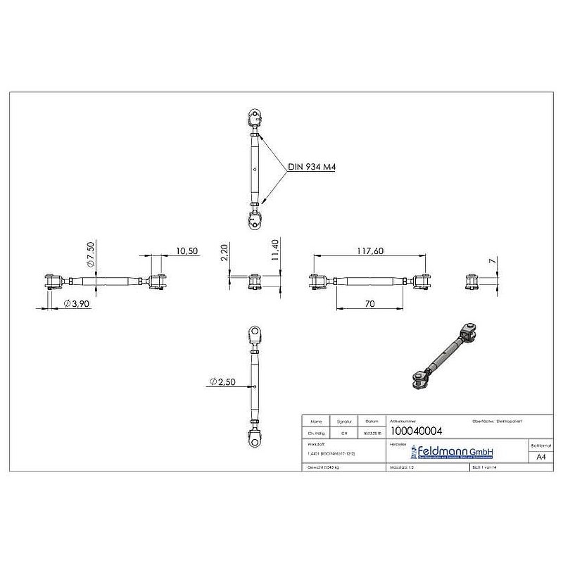 Wantenspanner Gabel/Gabel  mit Gew. M4, V4A