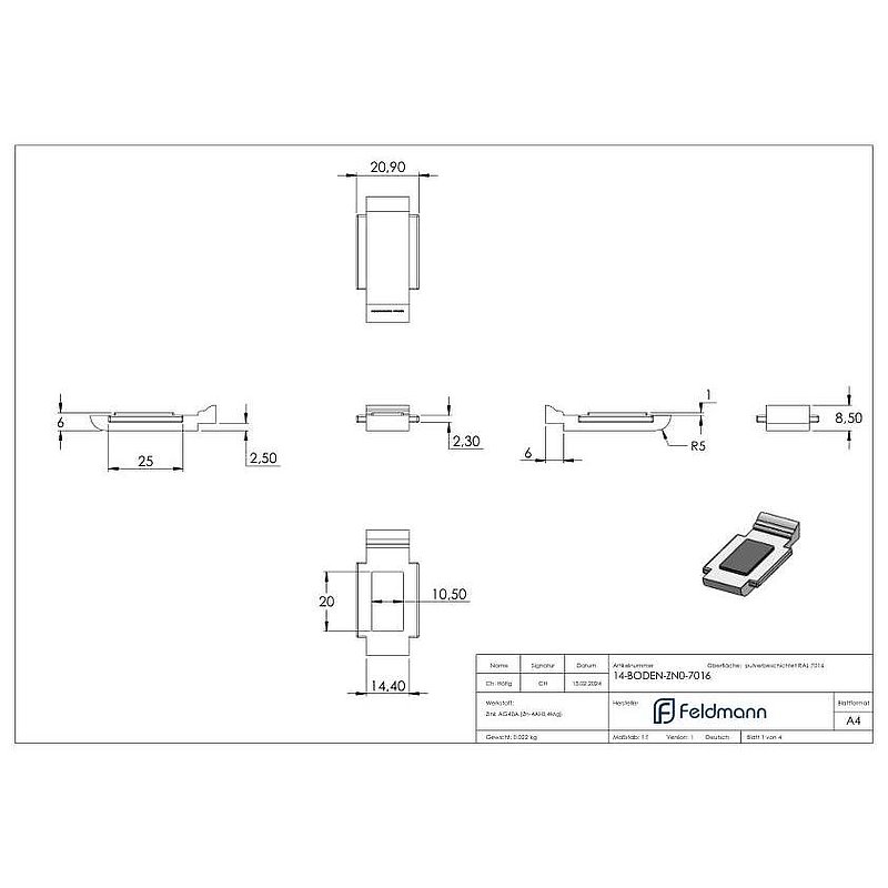 Plaque de fixation pour le modèle 14, en zinc brut thermolaqué RAL 7016 mat
