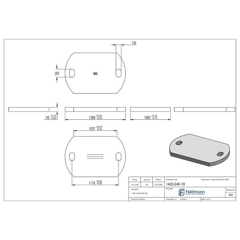 Anchor plate, 150x100x10mm, with longitudinal grinding, AISI304