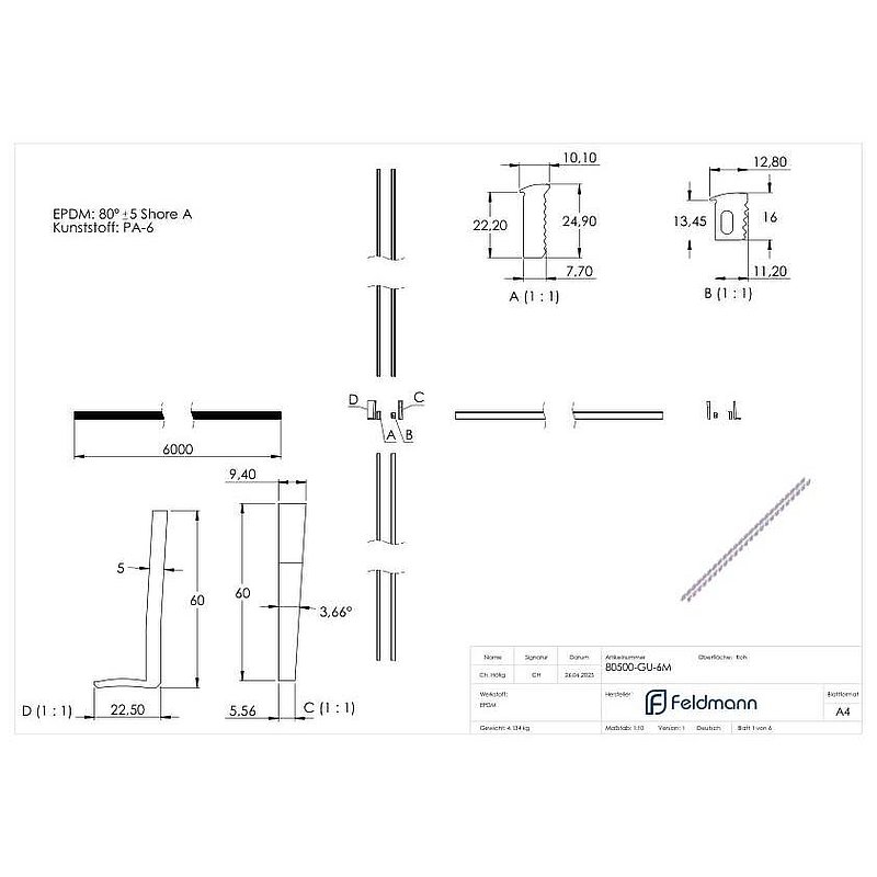 Assembly set for 6m aluminium profile for glass 12.76 - 13.52mm