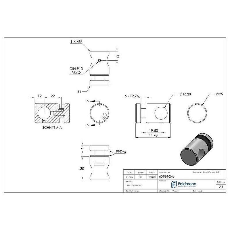 Querstab-Glashalter  Ø25mm für 16mm Rund, für Glas 6-12,76mm, V2A