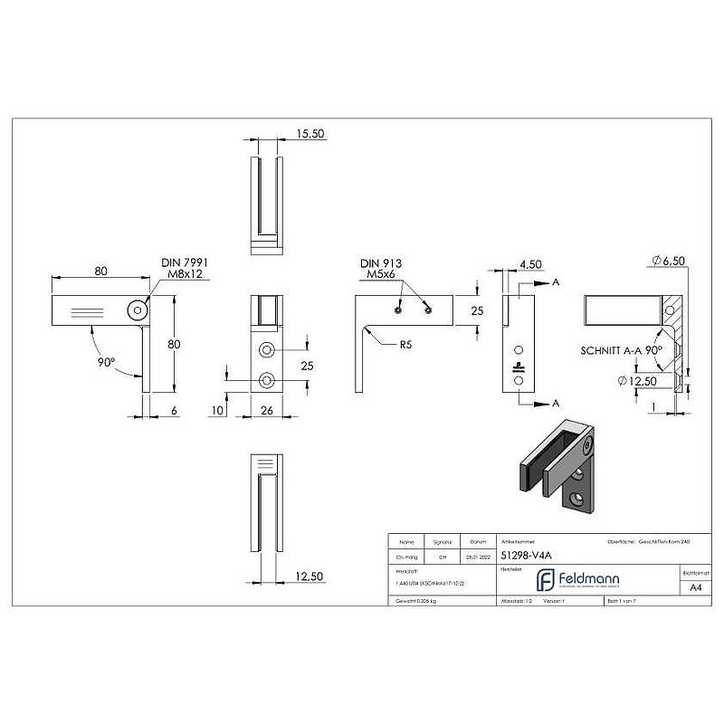 Glass connector for wall mounting, for glass 12 - 12.76mm, AISI316
