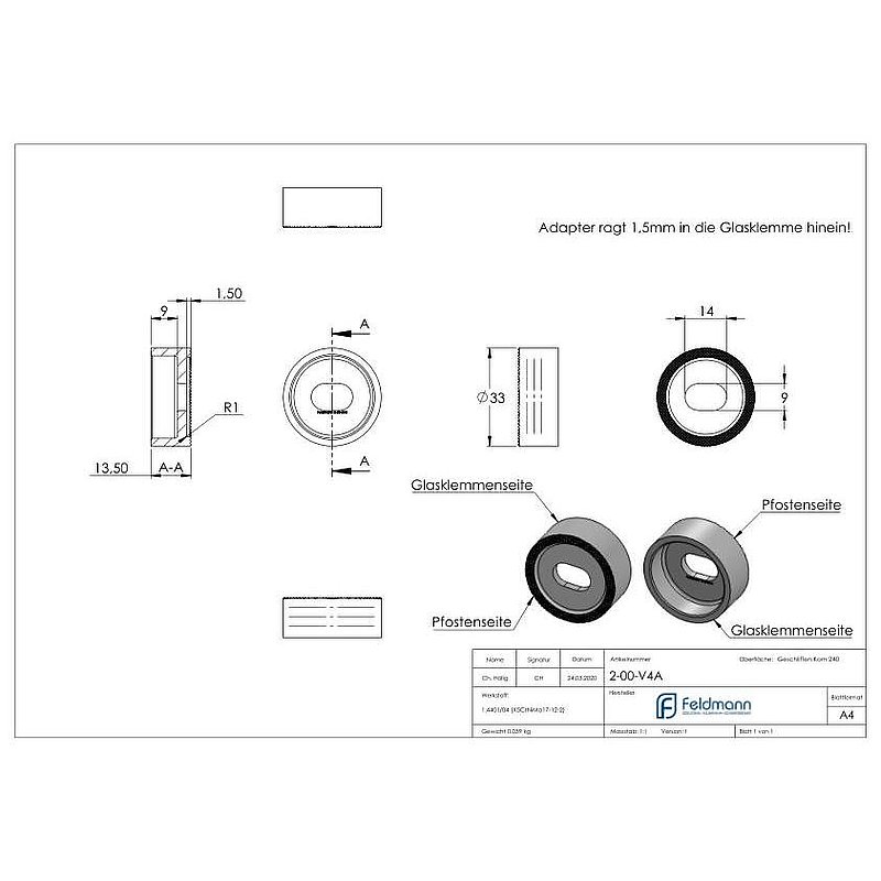 Adapter piece for straight connection, AISI316