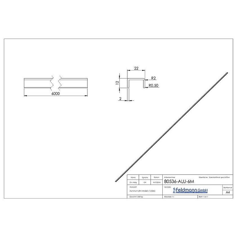 Aluminium-U-Profil, 22x12x2mm, L: 6000mm