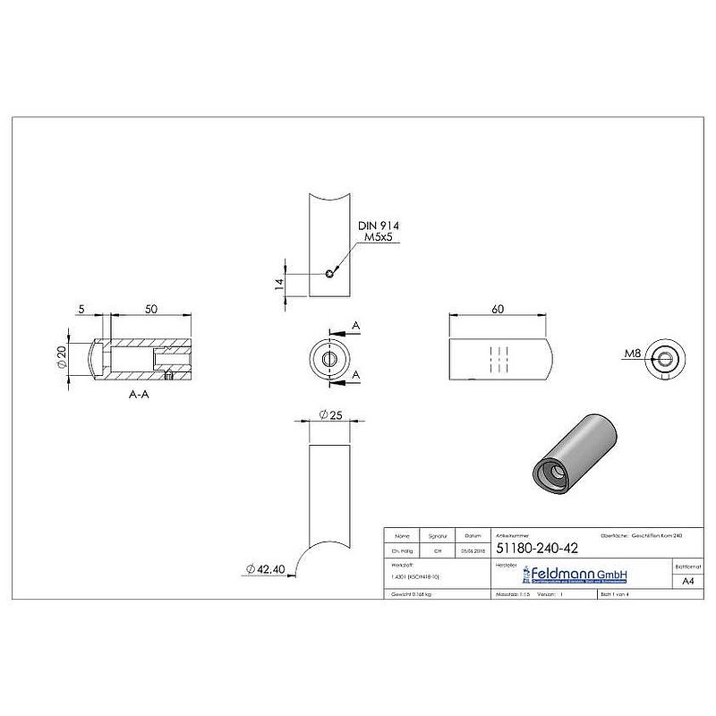 Pipe spacer - for tube connection 42.4 mm, AISI304