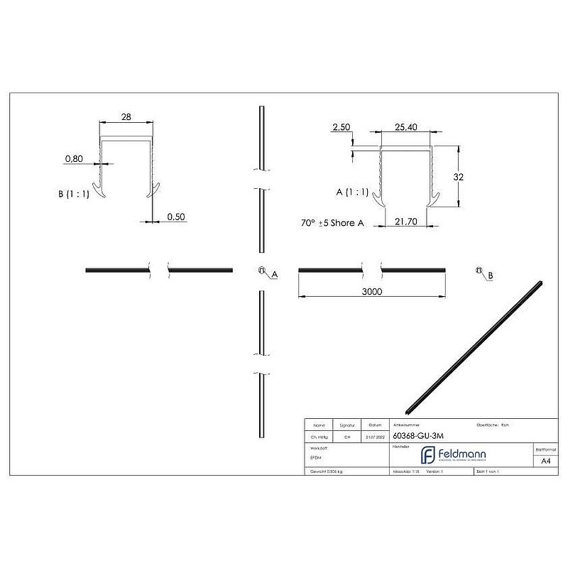 Cale caoutchouc pour verre 24,76 – 25,52mm, pour rainure 27x30mm, 3000mm
