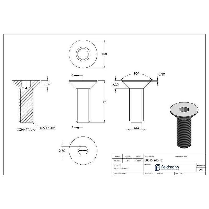 Senkkopfschraube M4x12 V2A ISO 10642