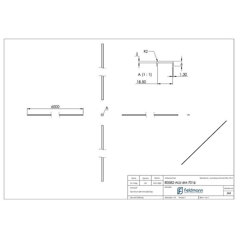 Edge protection EXTRA SLIM, for glass 16.00 - 17.52mm, L: 6000mm, aluminium RAL 7016