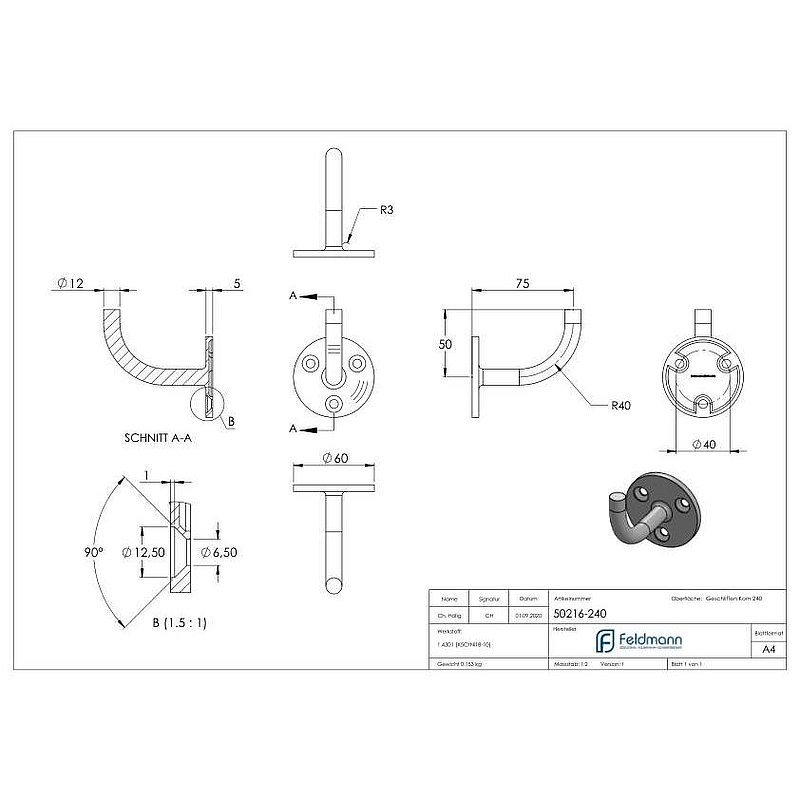 Handrail bracket for welding, (round plate and bracket welded), AISI304