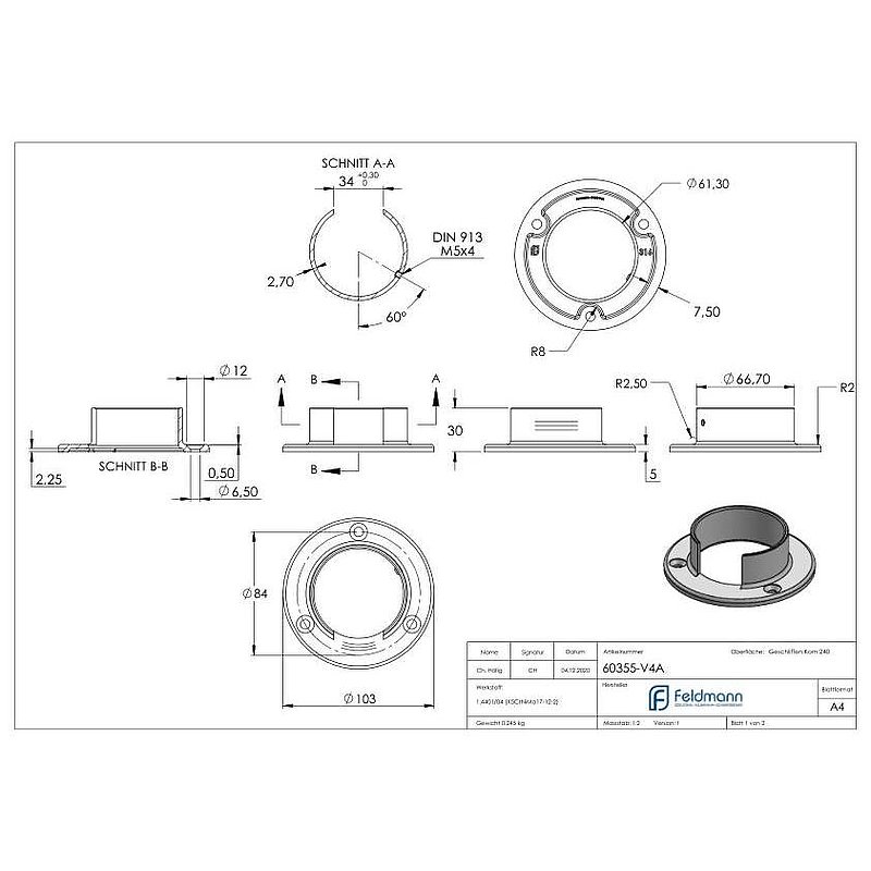 Wandbefestigung für Nutrohr 60,3x1,5mm, V4A