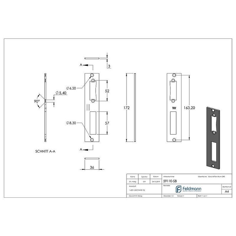 Edelstahlschließblech 172x36x3,0mm, für Abstand 72mm, V2A