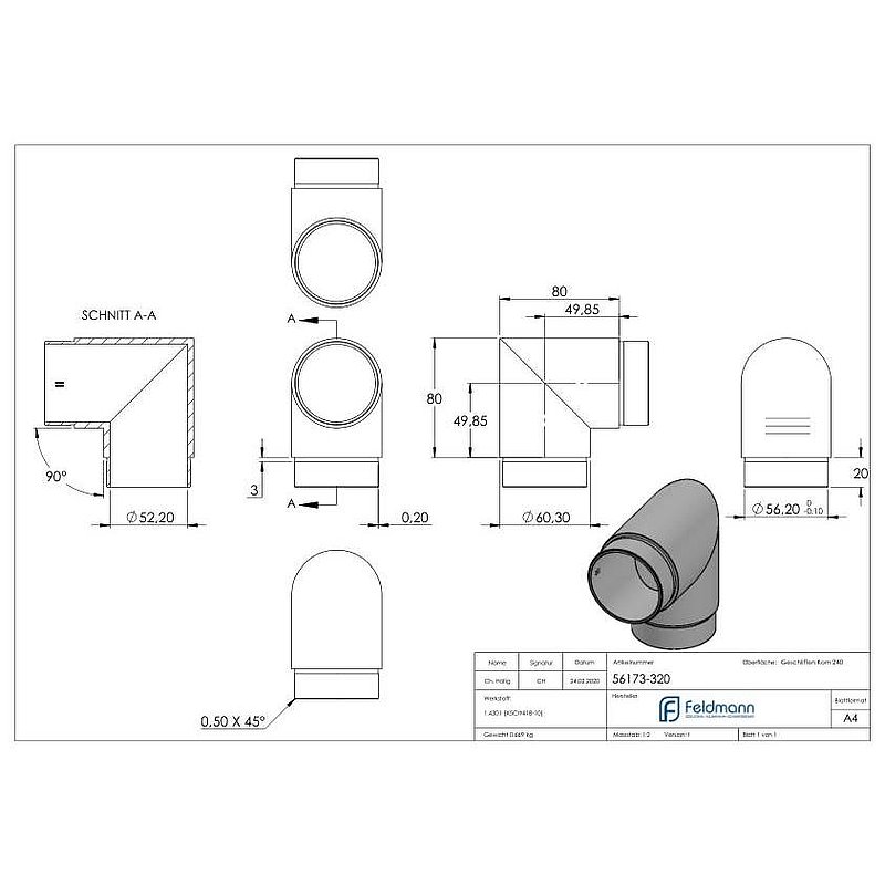 Eckstück 90°, für Rohr 60,3x2,0mm, V2A