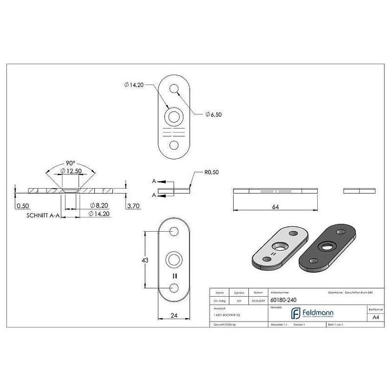 Handrail connection plate, flat, AISI304