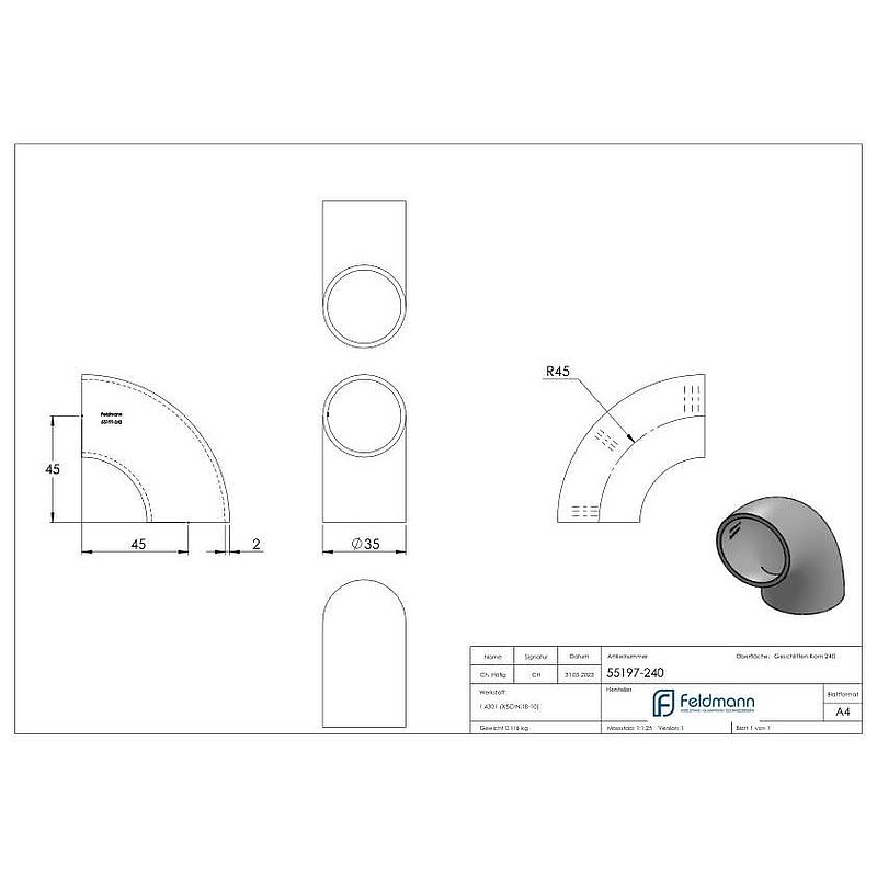 Schweißbogen 90°, 35,0 x 2,0mm, V2A