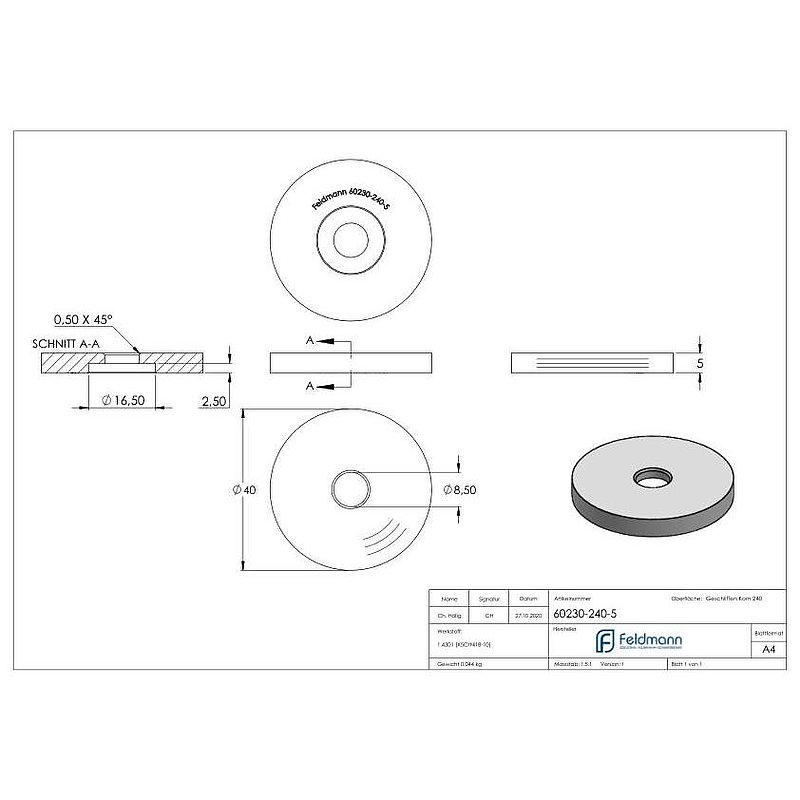 Unterteil Ø 40mm, mit Durchgangsbohrung , t: 5mm, V2A