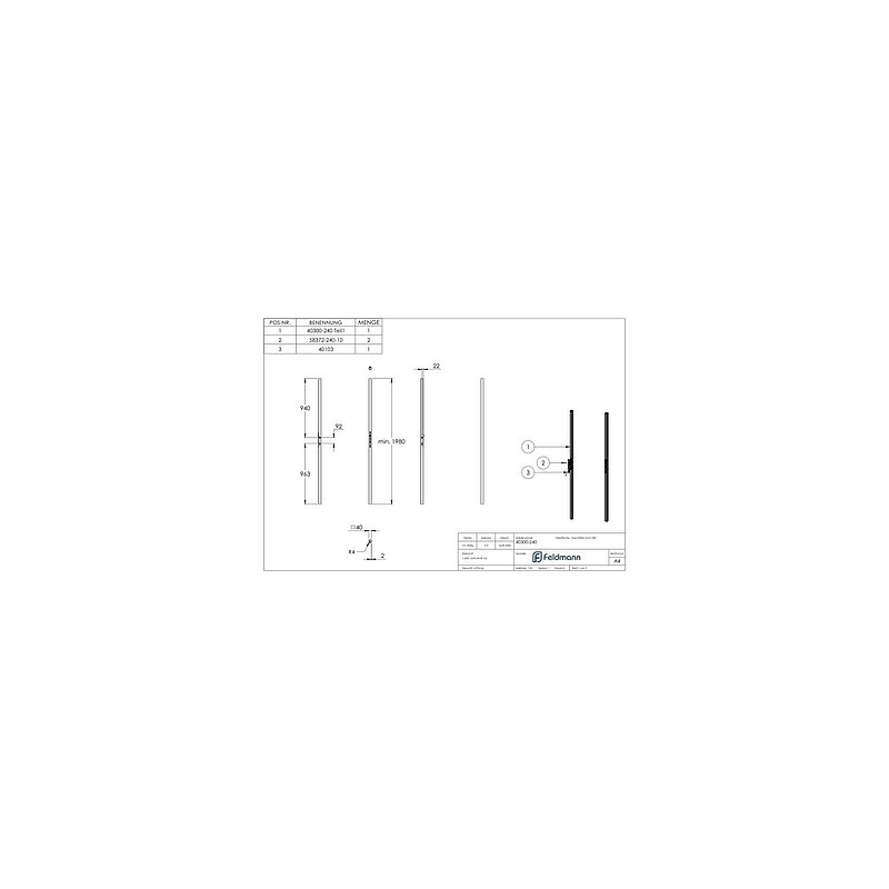 Schlossrohr inkl. Schloss mit Abstand 92 mm, 40x40x2,0 glatt, mind. 1980mm, V2A