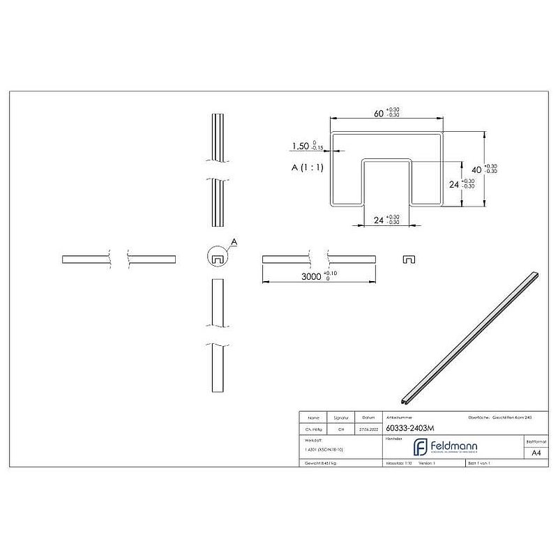 Rechtecknutrohr, 60x40x1,5 mm, L: 3000mm, V2A