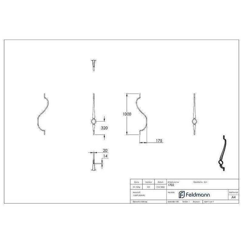 Korbgitterstab 20x12mm, gehämmert, H: 1000mm